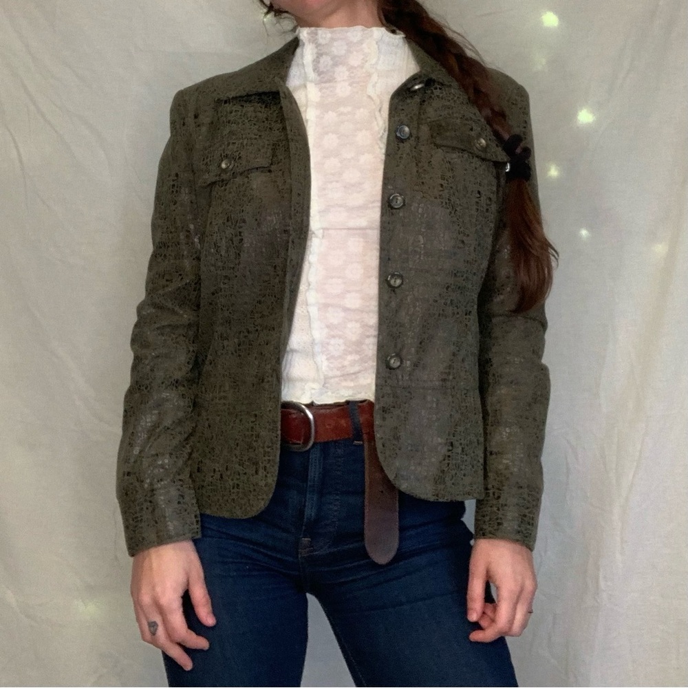 Erin London structured jacket. Textile green pattern. Size small.
